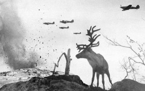 4. A shell-shocked reindeer looks on as war planes drop bombs on Russia in 1941