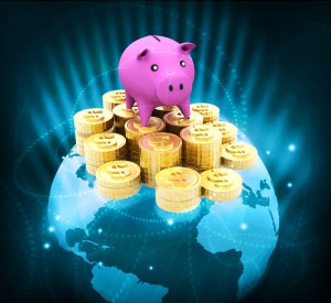 47358036 - globe with dollar coins and piggy global money saving